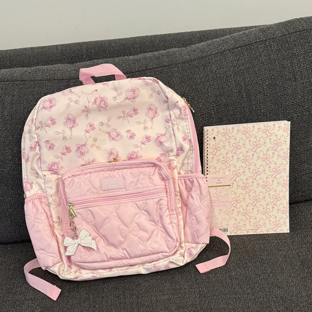 LoveShackFancy x Target Ribbon Rosa Backpack featuring a quilted front pocket